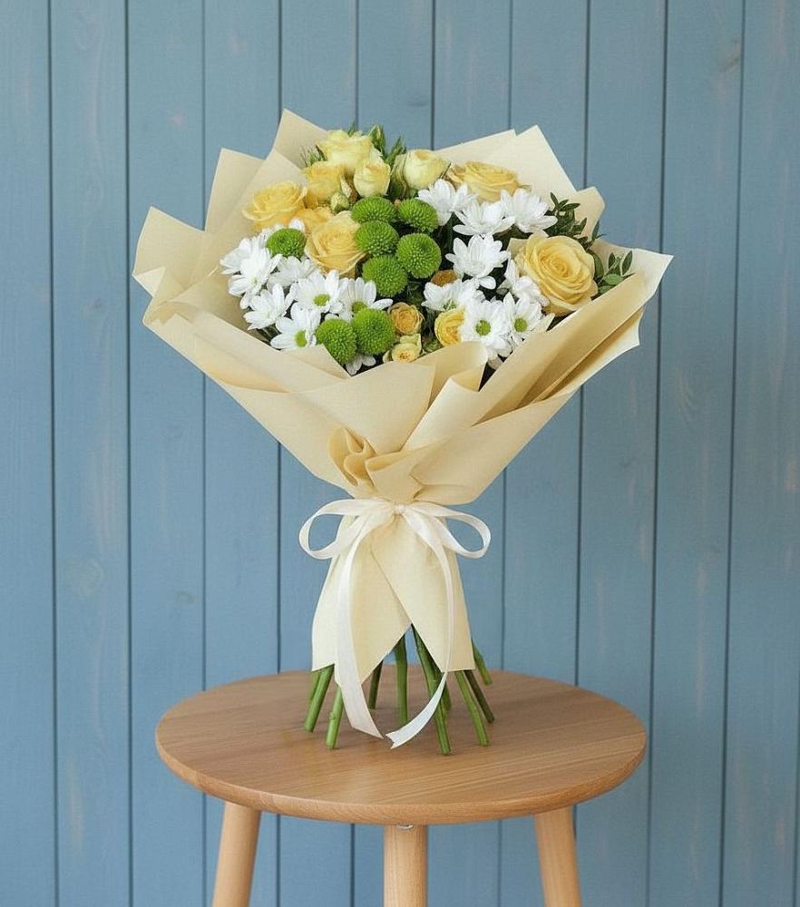 Букет Луч солнца в Бакалы Башкортостан Букет цветов из: Хризантемы и Розы в Бакалы Башкортостан