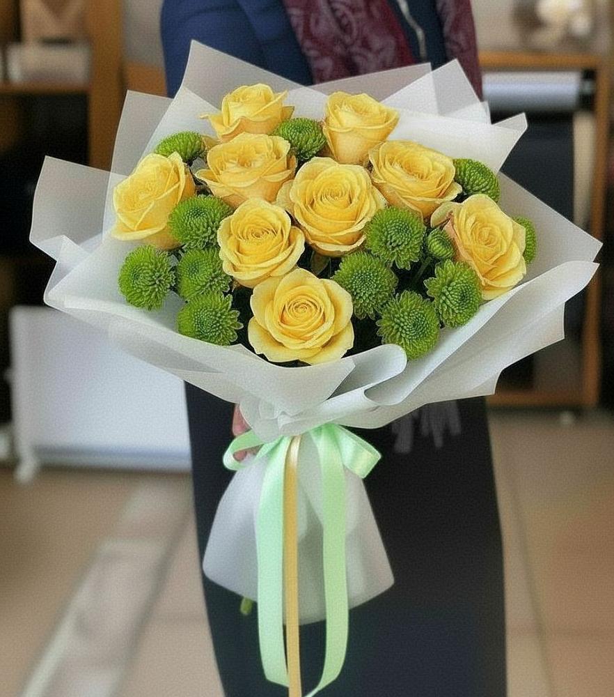 Букет сочно-зеленый в Бакалы Башкортостан Букет цветов из: Хризантемы и Розы в Бакалы Башкортостан
