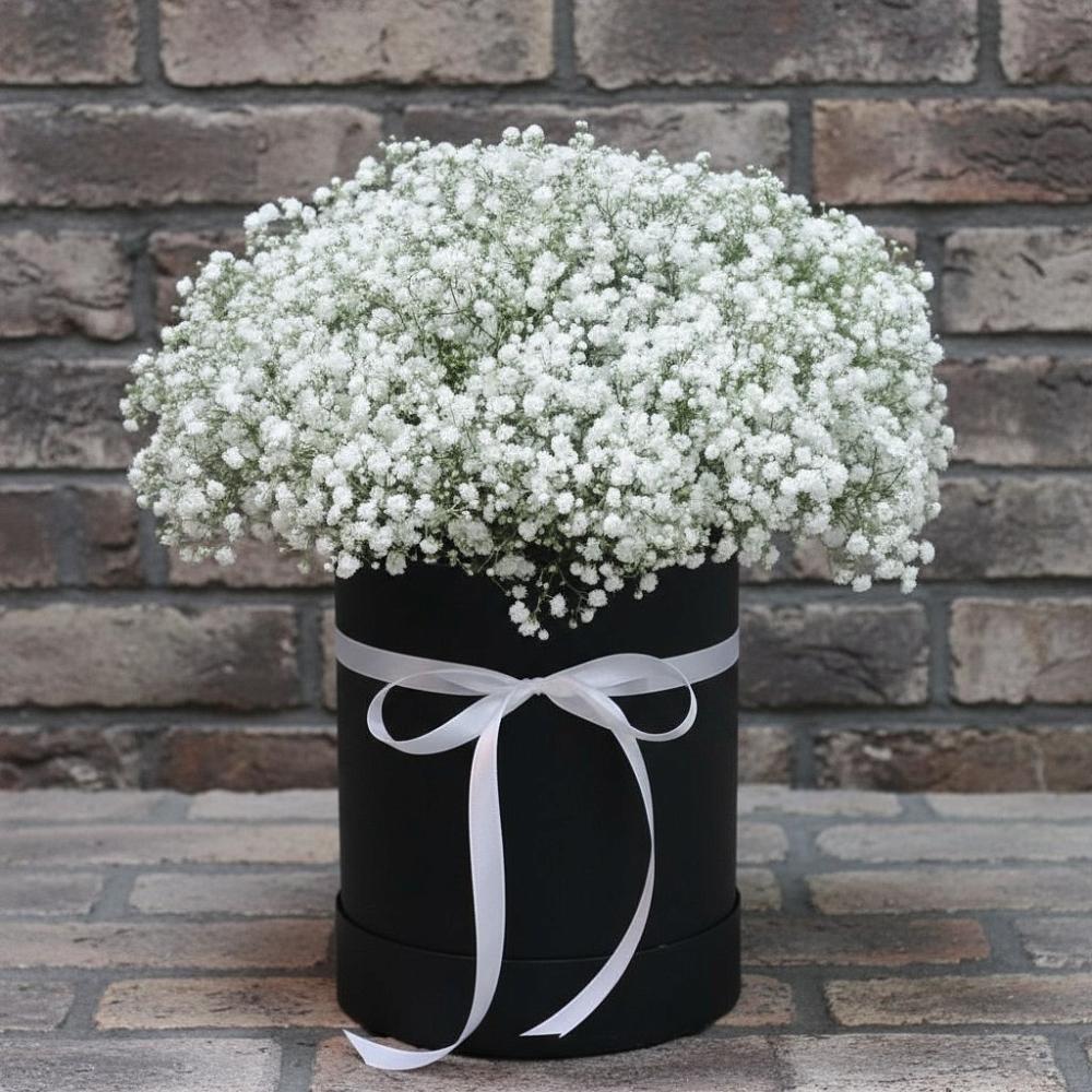 Композиция коробка гипсофил в Бакалы Башкортостан Цветочная композиция из Гипсофила в шляпной коробке в Бакалы Башкортостан