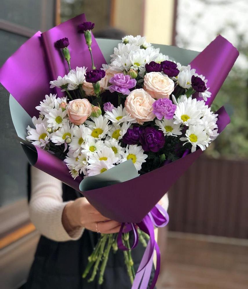 Букет фиолетовый сад в Бакалы Башкортостан Букет цветов из: Хризантемы, Гвоздики и Розы в Бакалы Башкортостан