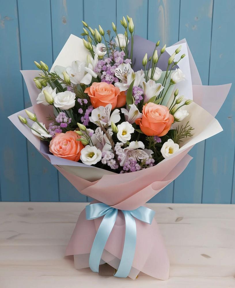 Букет Утренняя свежесть в Бакалы Башкортостан Букет цветов из: Лизиантусы, Розы, Альстромерии и Гипсофила в Бакалы Башкортостан