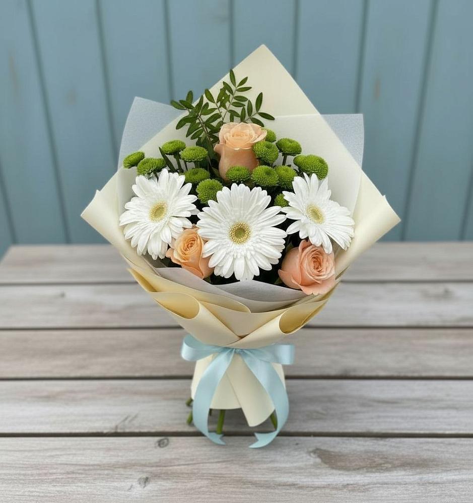 Букет герберы и розы в Бакалы Башкортостан Букет цветов из: Герберы, Розы и Хризантемы в Бакалы Башкортостан