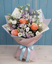 Букет Утренняя свежесть в Бакалы Башкортостан Букет цветов из:  Лизиантусы, Розы, Альстромерии и Гипсофила в Бакалы Башкортостан