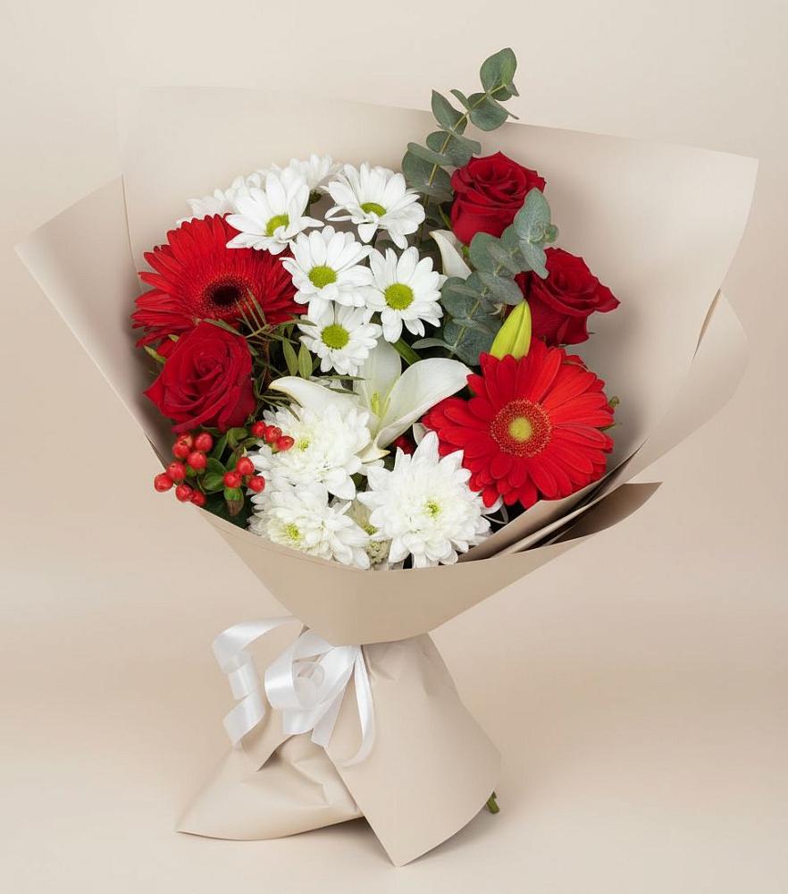 Букет поцелуй лета в Бакалы Башкортостан Букет цветов из: Розы, Хризантемы, Герберы и Лилии в Бакалы Башкортостан