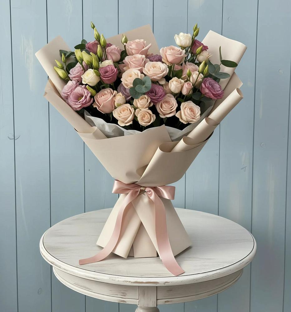 Букет бодрость в Бакалы Башкортостан Букет цветов из: Розы и Лизиантусы в Бакалы Башкортостан